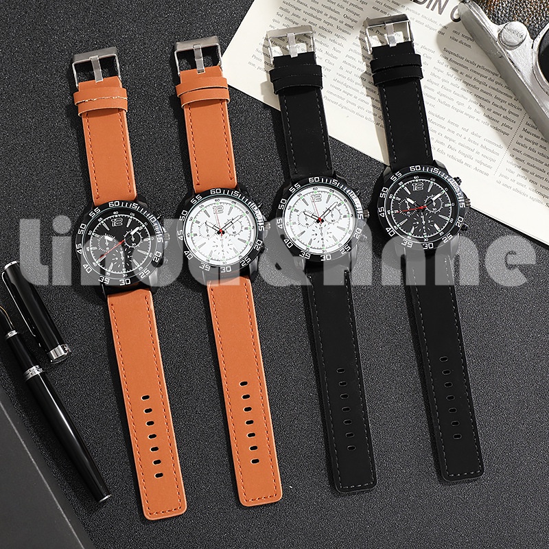 Jam Tangan Analog Pria Strap PU Leather / Jam Tangan Pria Three Eyes Analog Quartz Fashion