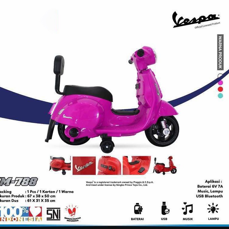 Motor Aki Mainan Anak PMB TOYS M788 VESPA 6V 7Ah Garansi Original SNI-2