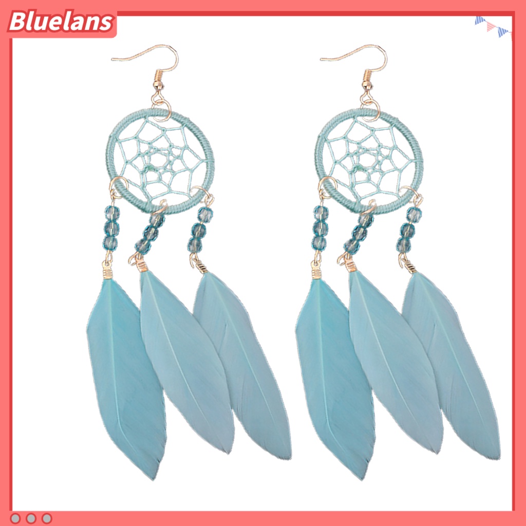 Bluelans 1 Pasang Anting Juntai Desain Dream Catcher Hollow Out Aksen Bulu Gaya Etnik Bohemia