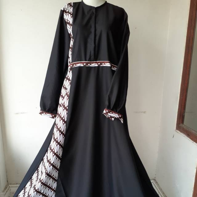 COD Gamis Batik Kombinasi Polos Warna Dasar Hitam