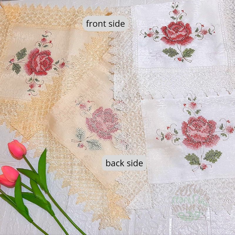 Taplak Meja Tamu Sulam Strimin Renda 40x90 cm Table Runner Vintage Table Cloth Cross Stitch