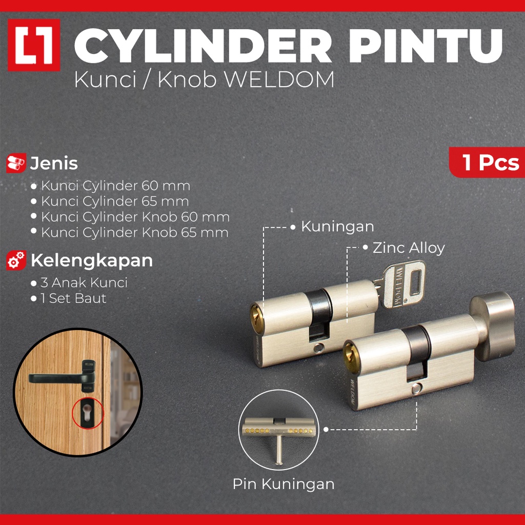 Kunci Silinder Pintu Besar Cylinder 60/65mm Kunci / Knob - Weldom