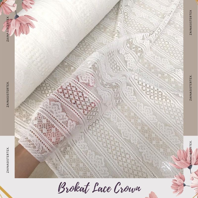 Kain Brokat Lace Salur Crown Meteran Mewah Premium Warna Putih Tulang Broken White