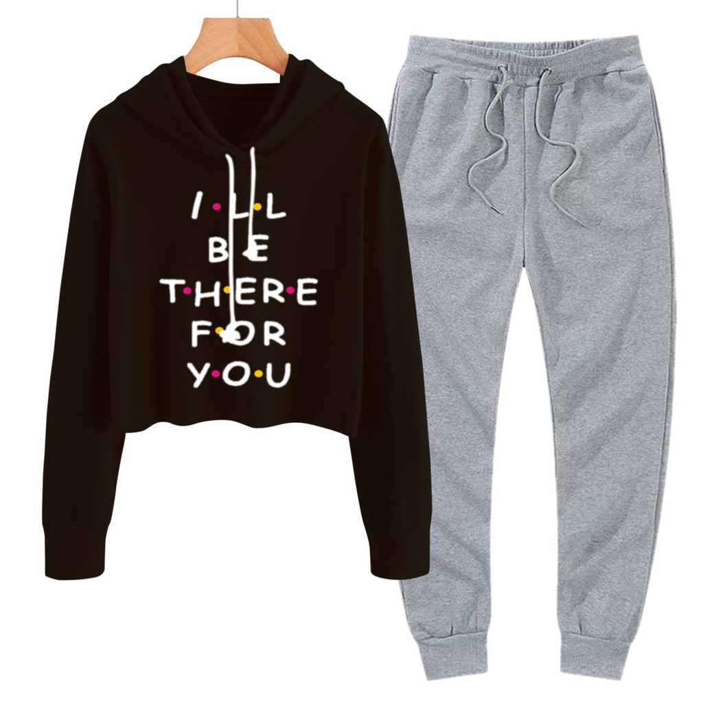 BESS - Baju Setelan Wanita Murah / Setelan Hoodie Crop + Jogger Abu - I BE THERE