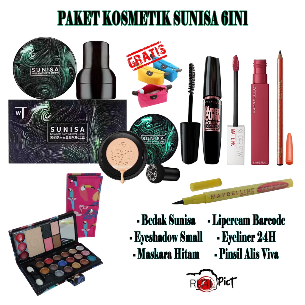 PAKET HEMAT SUNISA 6IN1 / Bedak Sunisa + Eyeshadow + Lipcream + Maskara + Eyeliner + Pensil Alis - GRATIS TAS KOSMETIK POUCH / Paket Kosmetik Murah Lengkap