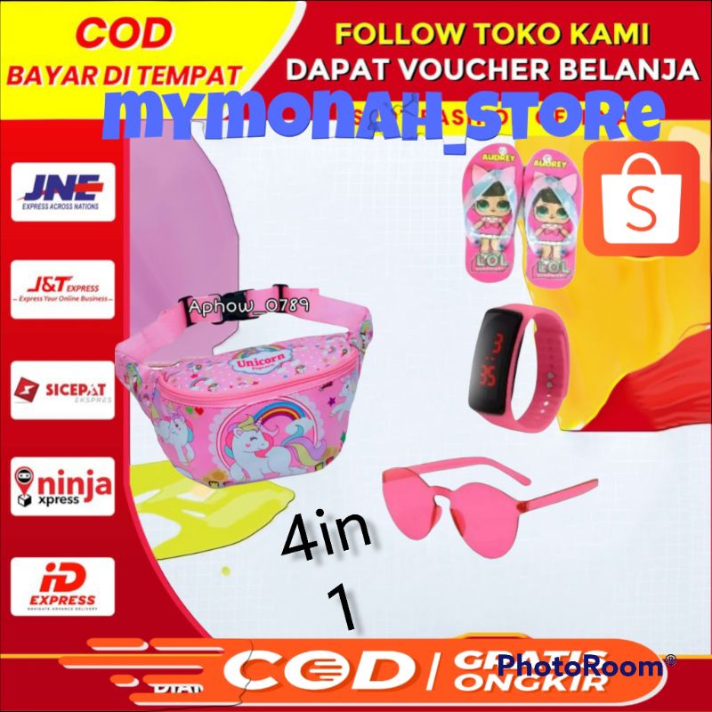 paket hemat perlengkapan anak perempuan /WAISTBAG  jam sendal kacamata