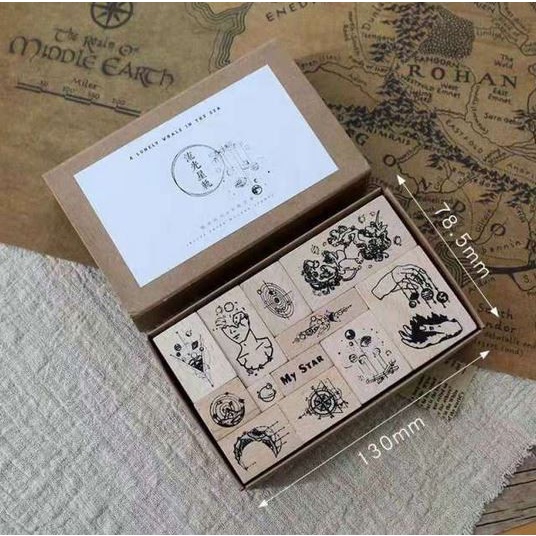 Wooden Stamp Star Space Thema - Stempel Pola Benda Angkasa (12pcs)