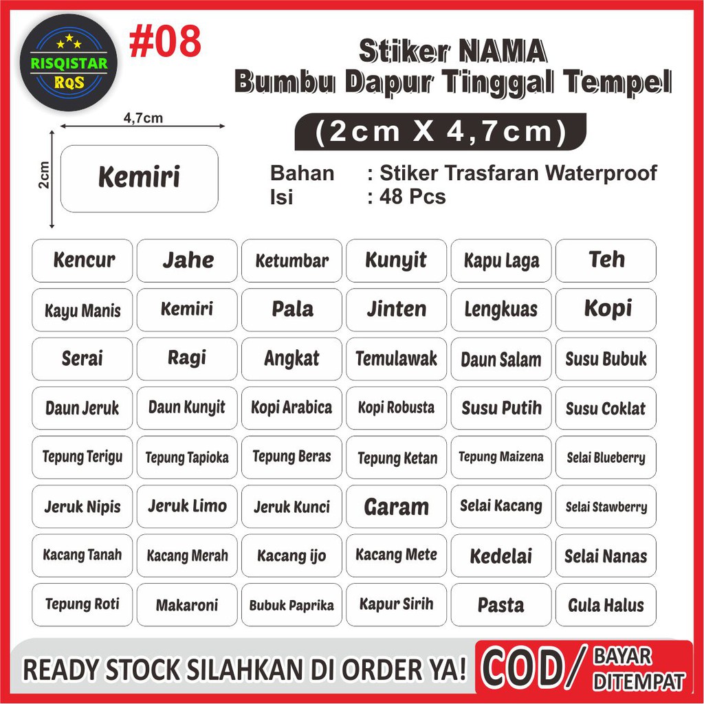 

Stiker Label Transparan Nama-Nama Bumbu Dapur WATERPROOF isi 48Pcs Ready