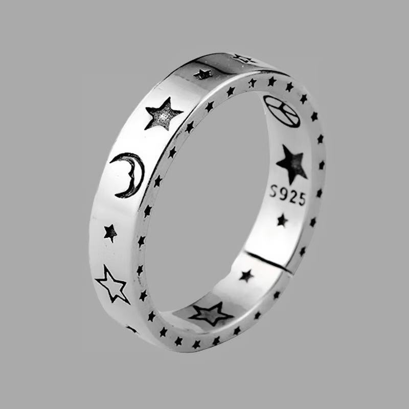 Cincin Silver Vintage Model Terbuka Adjustable Desain Bulan Bintang Smiling Face Untuk Wanita