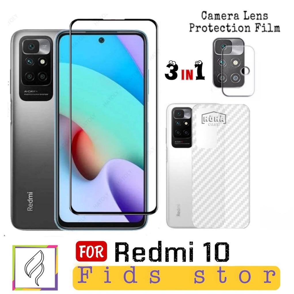 PROMO 3in1 XIAOMI Redmi 10 Tempered Glass Free Anti Gores CAMERA &amp; GARSKIN Carbon