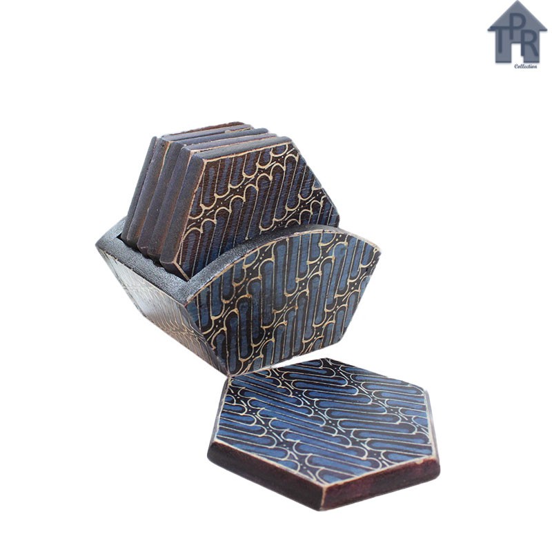 Coaster Kayu Batik / Tatakan Hexagonal D9 x 6pcs.