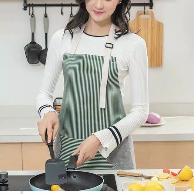 CELEMEK MASAK KATUN LINEN MOTIF GARIS ADA HANDUKNYA MINIMALIS - APRON MULTIFUNGSI MASAK DAPUR CAFE RESTO