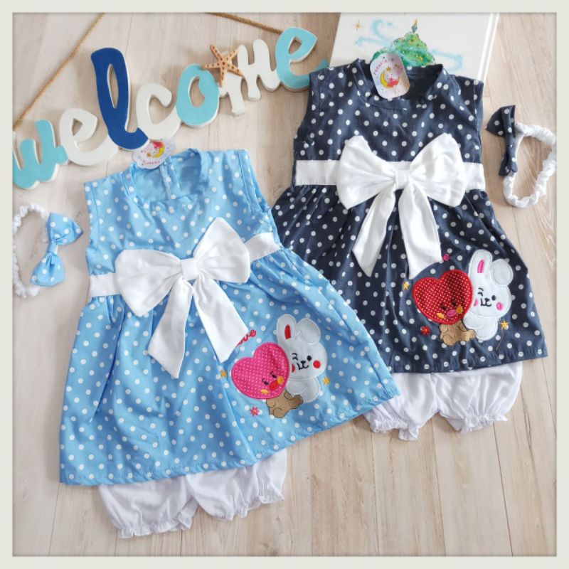 Polka Pita dress bayi kancing depan / set daster kutung anak + celana dalam + bandana 6-18 bulan