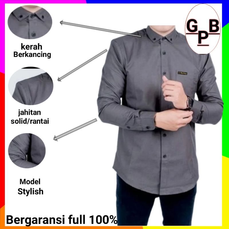 kemeja pria lengan panjang polos / hem atasan bahan katun warna abu army navy hitam
