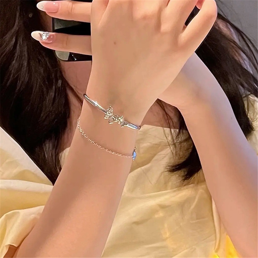 Gelang Tangan Wanita Model Terbuka Lapis Ganda Desain Pita butterfly Adjustable Untuk Hadiah