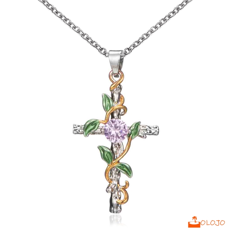 OLOJO Kalung Salib Daun Berlian Tembaga Liontin Wanita Necklace