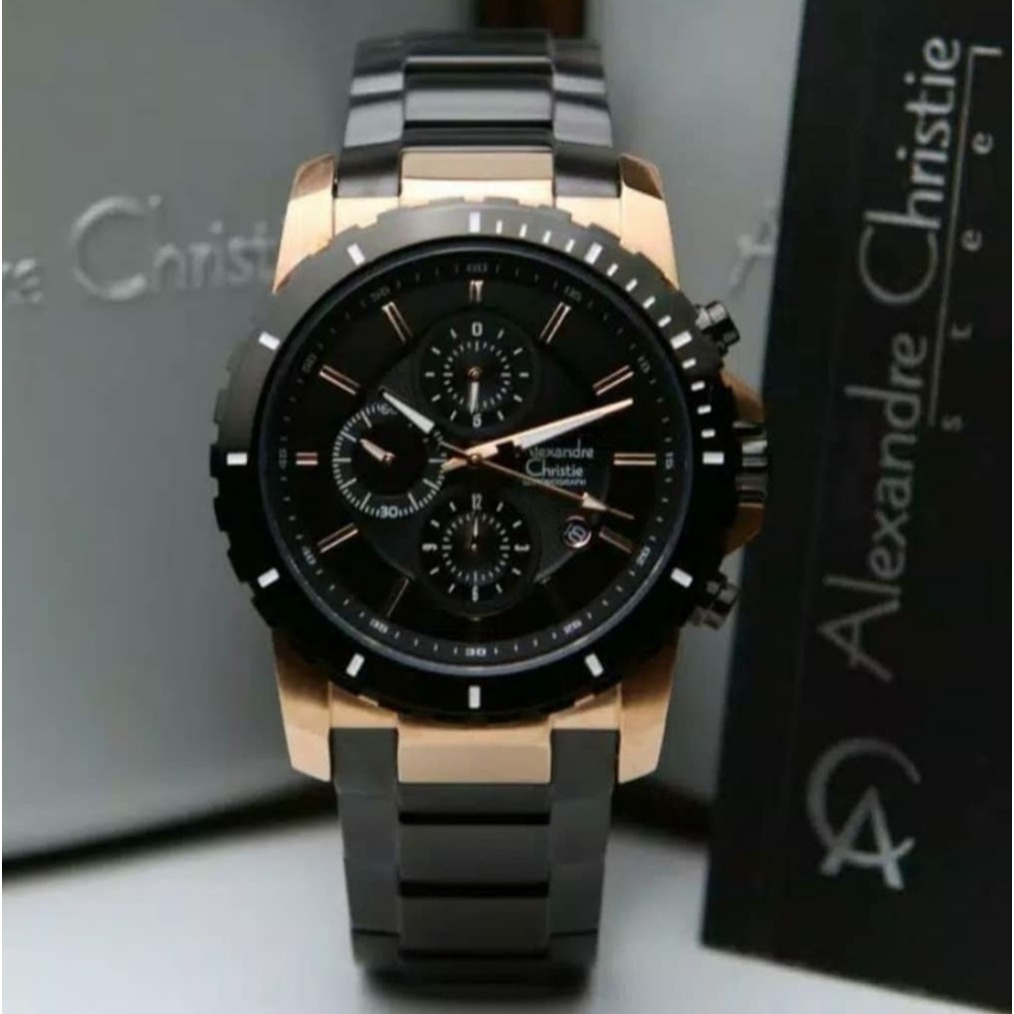 Alexandre Christie Ac 6141 Rosegold Black, Jam Tangan Pria, Original Dia 44 mm