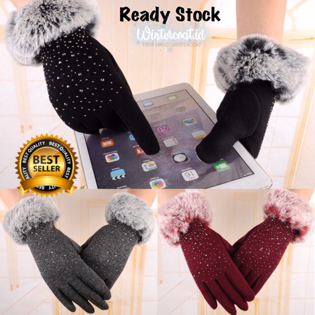 Sarung tangan winter bulu winter gloves fur touch screen bulu korea cewek wanita pompom