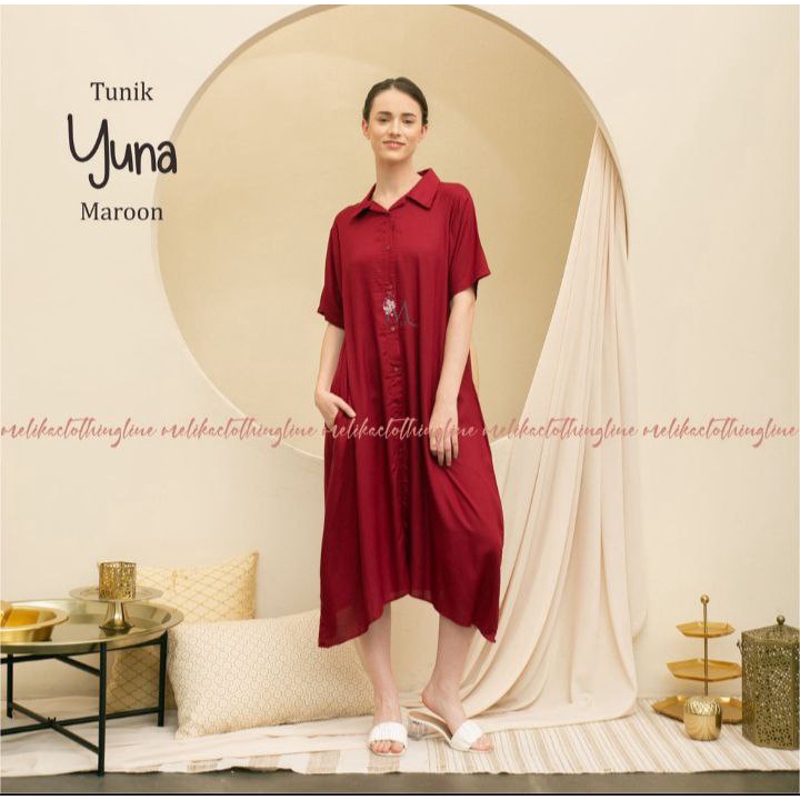 Tunik Wanita Polos Tunik Yuna Rayon super halus tebal tidak nerawang  LD 120cm PB 105cm Muat BB 90kg Kerah Kemeja Full Kancing aktif  Saku Samping