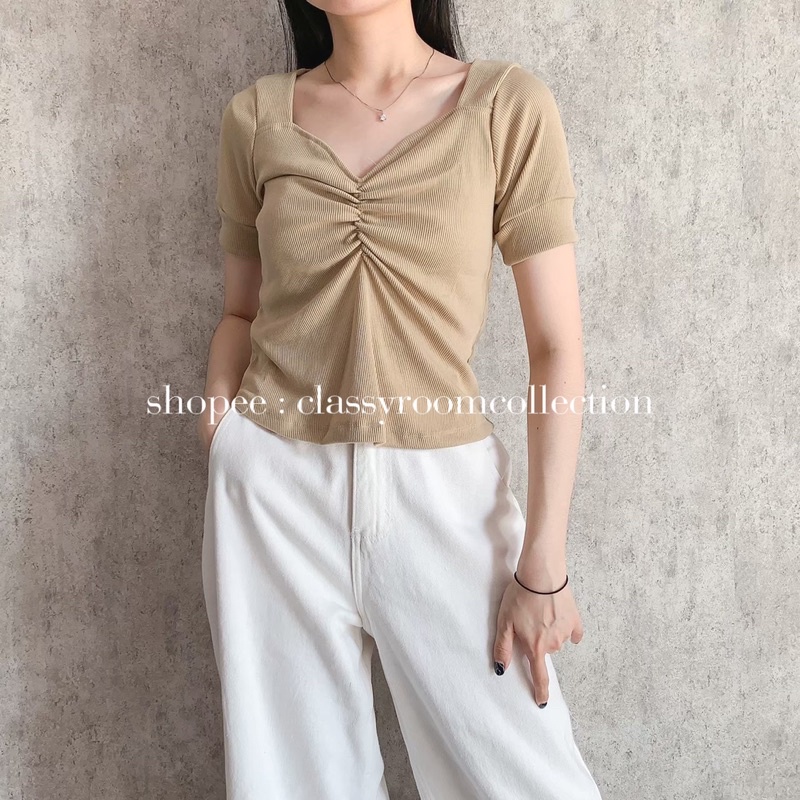 LESYA TOP BAJU ATASAN BLOUSE WANITA BAHAN RIB RAJUT KNIT LENGAN PENDEK V NECK VNECK V-NECK POLOS GREEN LATTE GREY WHITE BLACK FUCHSIA BROWN ARMY BRICK TERRACOTA BATA LAVENDER PURPLE PINK LIGHT GREEN TEA PASTEL GREEN DARK BLUE-2