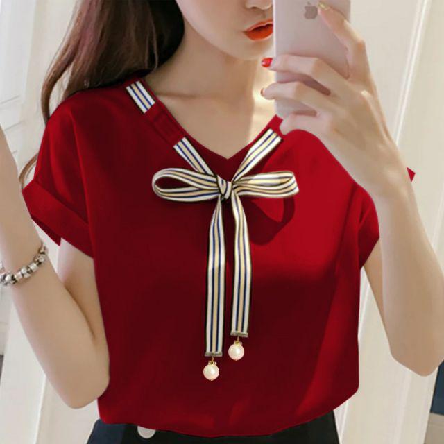 BISA COD - BLOUSE LAURA Blouse Korean Style Wanita Remaja Atasan Kaos Blouse Wanita Dewasa Lengan Pendek Bahan Balotelly-Merah cabe