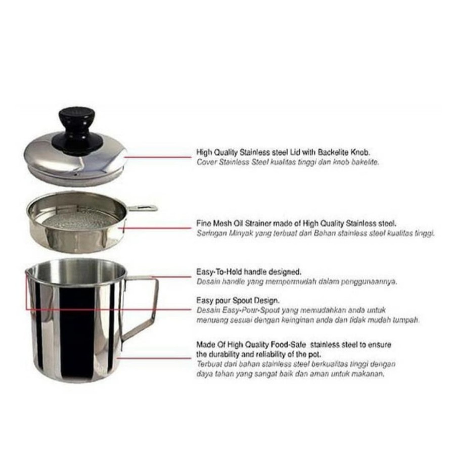 MUG SARINGAN MINYAK / OIL POT / TEMPAT SARINGAN STAINLESS 1.2L