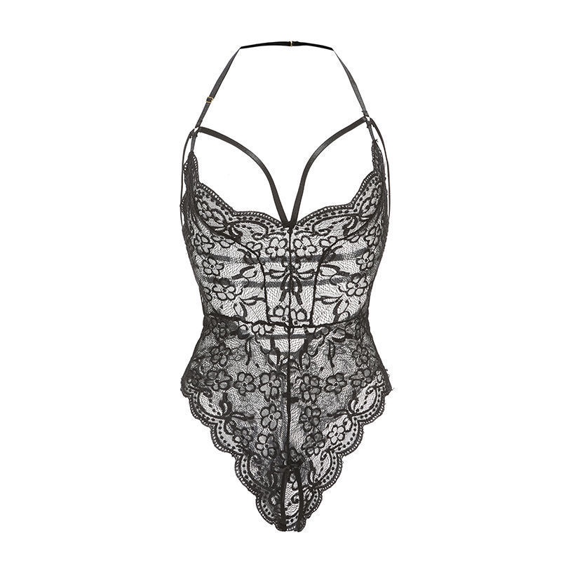 【Wetrose】New Style Hanging Neck Crotchless Deep V Temptation Lace Open No Take Off Sexy Lingerie Bodysuit-8