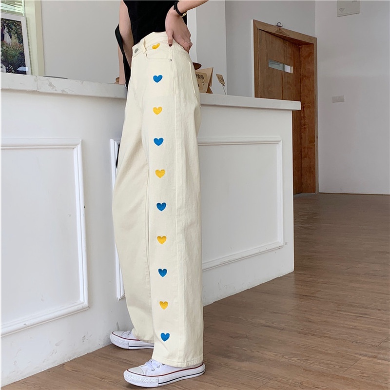 korea style celana jeans highwaist wanita heart embroidery boyfriend pants