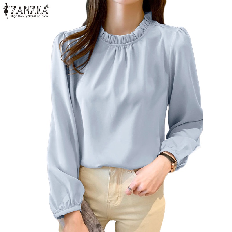 ZANZEA Women Full Sleeved Office OL Baggy Shirts O-Neck Tops Loose Blouse