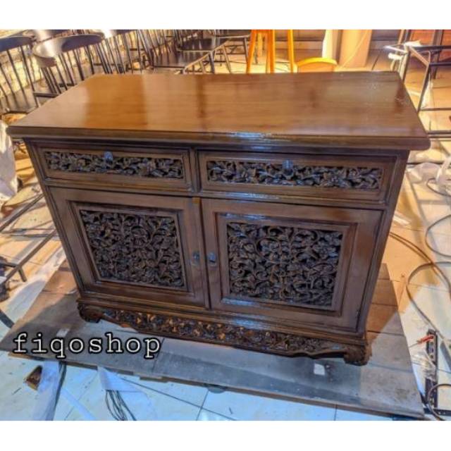 Bufet palembang meja tv almari ukir kayu jati ukuran 100cm