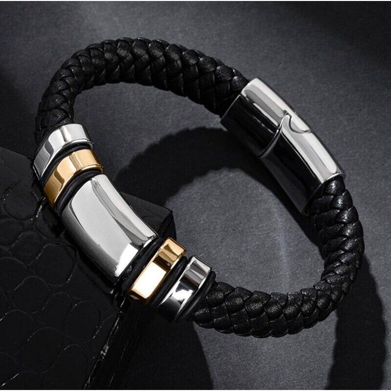 Gelang Bahan Kulit Woven Warna Hitam Dengan Gesper Metal Magnetik Untuk Pria