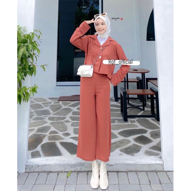 ONE SET CROP TOP BLEZER || KEMEJA CROP CRINGKLE || SET WANITA-MERAH BATA