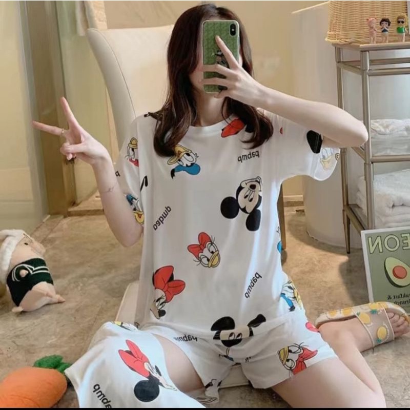 NEW SET PIYAMA IMPORT / SLEEPWEAR / BAJU TIDUR MURAH-Set mickey putih