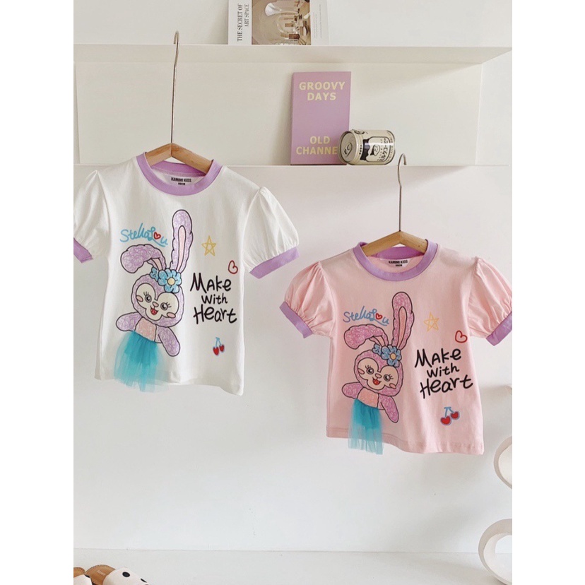 Kaos T-shirt Anak Perempuan Motif Stella Lou Lucu 3D Mesh Puff Sleeve