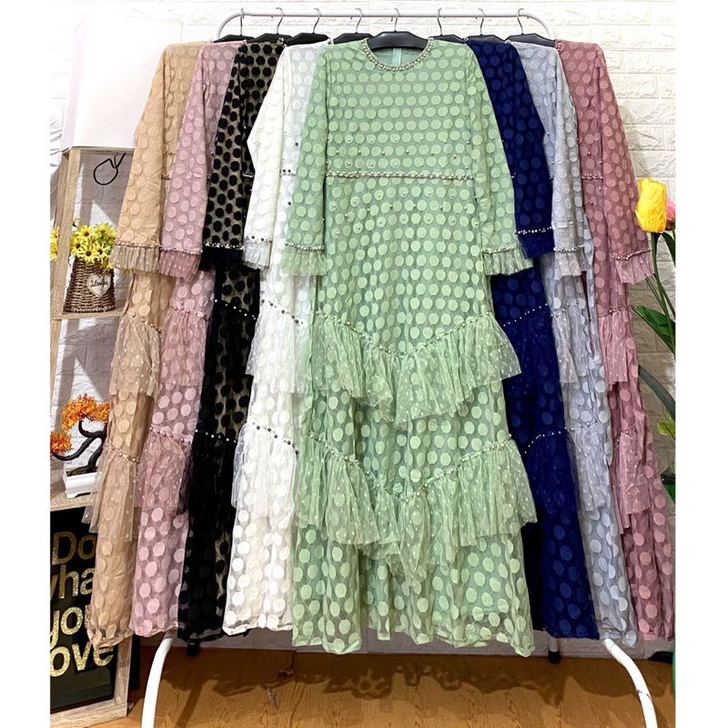 Gamis Ozias Kanaya polkadot mutiara rumbai / Gamis rumbai / Gamis formal kondangan Gamis Mymyfashion