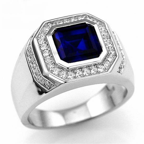 Cincin Perak Mewah Fashion Pria Cincin Tunangan Batu Permata Biru