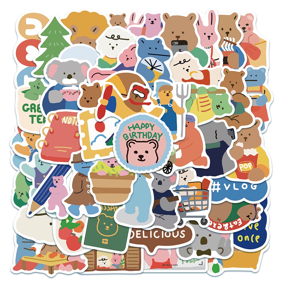 50 Pcs Korean Style Cartoon Bear Rabbit Tree Design  Reusable Stickers For Notebook Diary Decoration