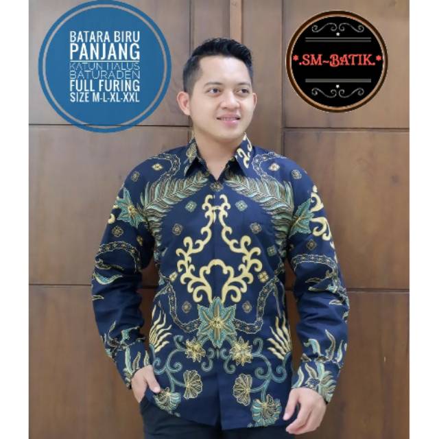 Kemeja Batik/Hem Batik Lengan Panjang Warna Biru BATARA Bahan Katun Halus Baturaden