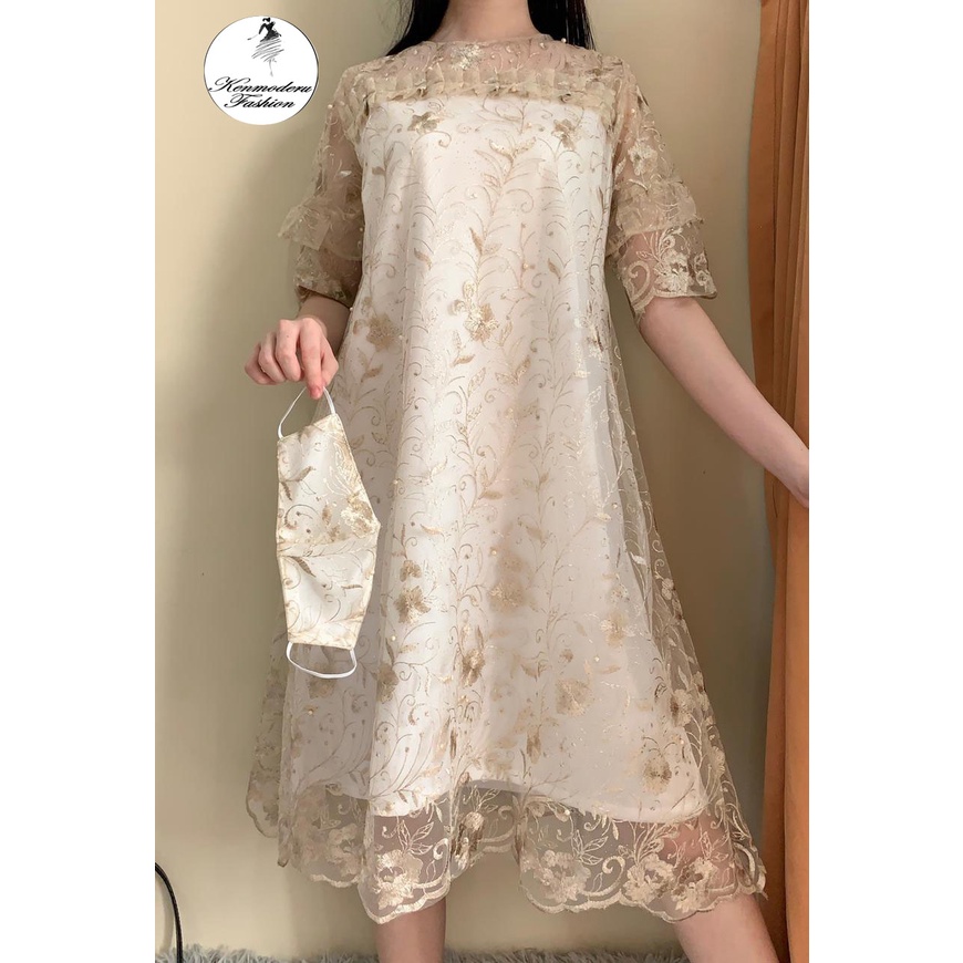 Ken-161 Dress Pesta Premium cantik versi korea A Line dress full Tulle bordir free masker