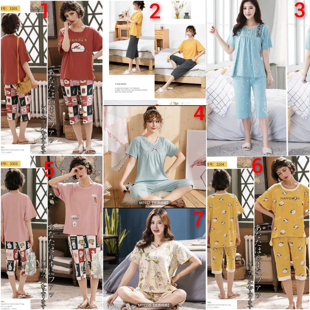 Baju tidur piyama setelan celana 7/8 bahan kaos import