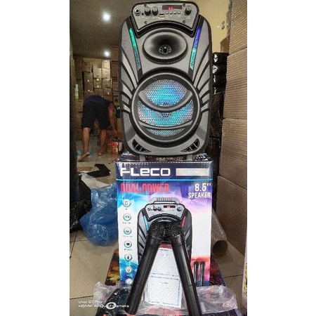 paket speaker portabel fleco f8606 free 2 pcs mic wireless + remote control promo