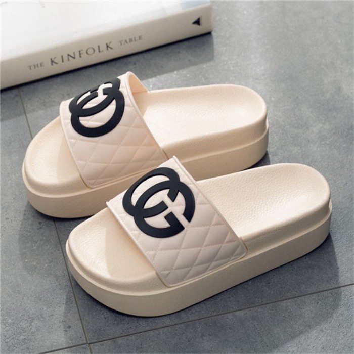 Sandal Wedges Wanita Hak Tinggi 4,5 Cm Import Sendal Chanel Cod Murah - Beige, 36 Murah