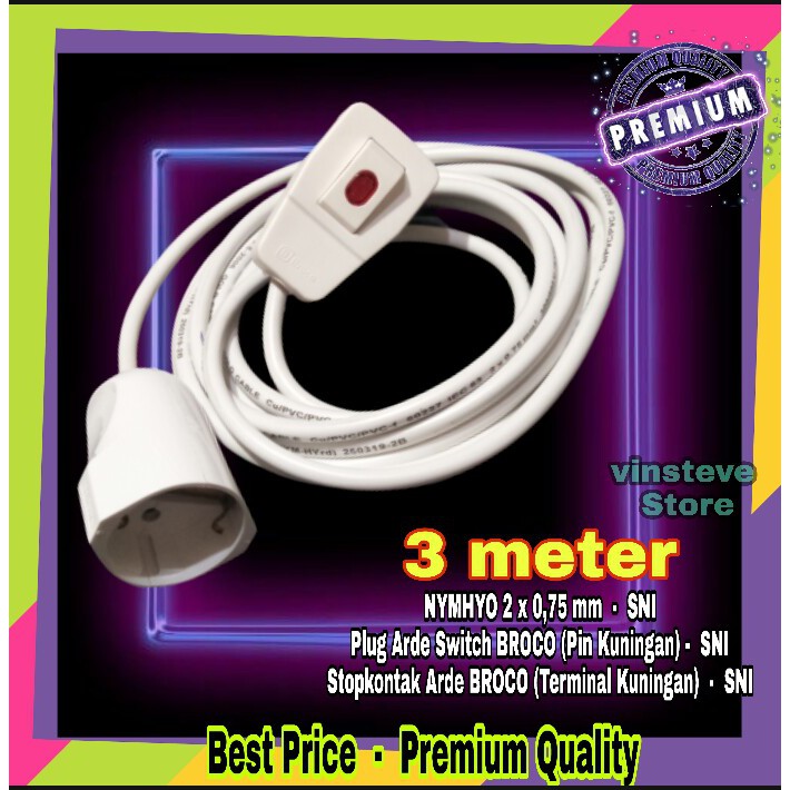 Stop Kontak Kabel BROCO 1 Lubang 3 Meter + Steker Saklar