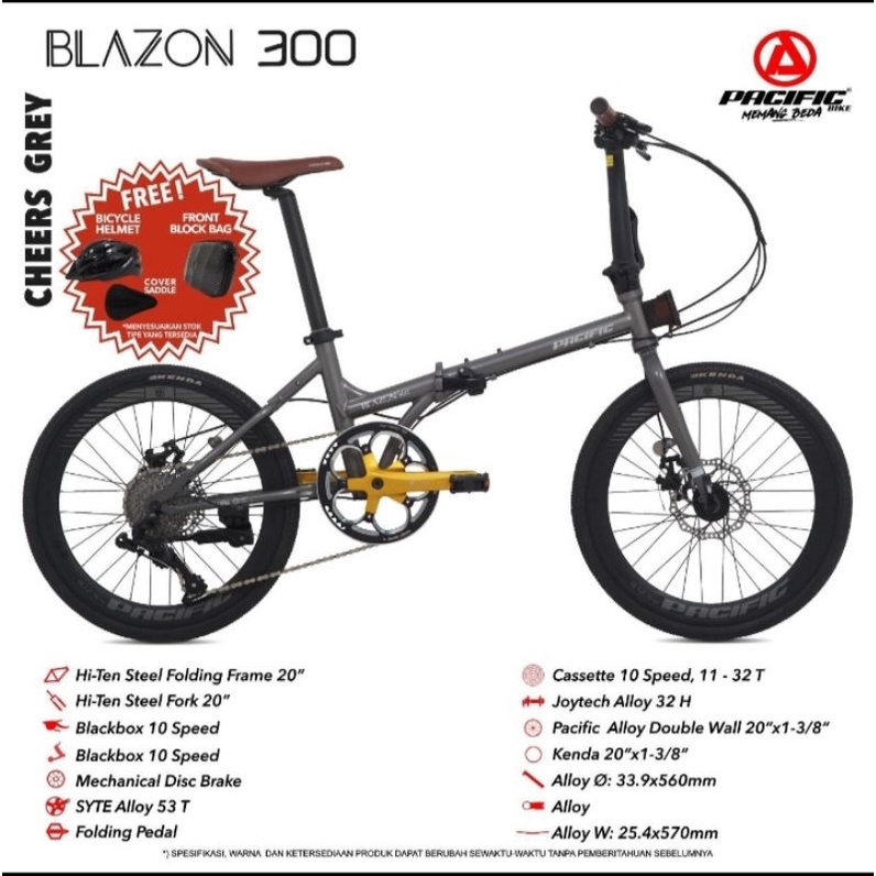Sepeda Lipat 20 Inc PACIFIC BLAZON 300 (Helm,Tas,Cov Saddle) 10 Speed
