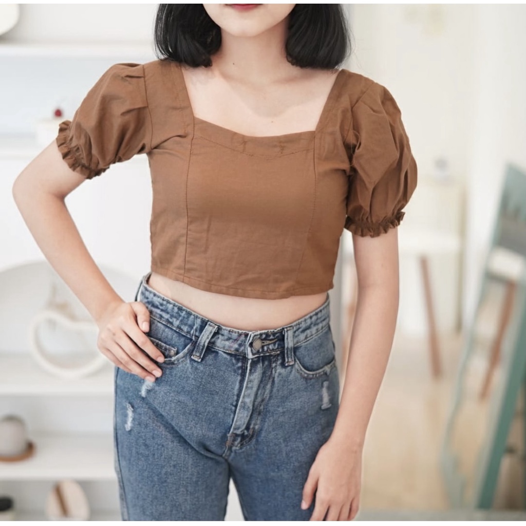 Tq88indonesia Fashion Baju Atasan Wanita Lengan Pendek Terbaru /  VIOLA LINEN CROP TOP / Blouse  Polos / Busana Santai Cewek / Ootd / Outfit Kasual Kekinian