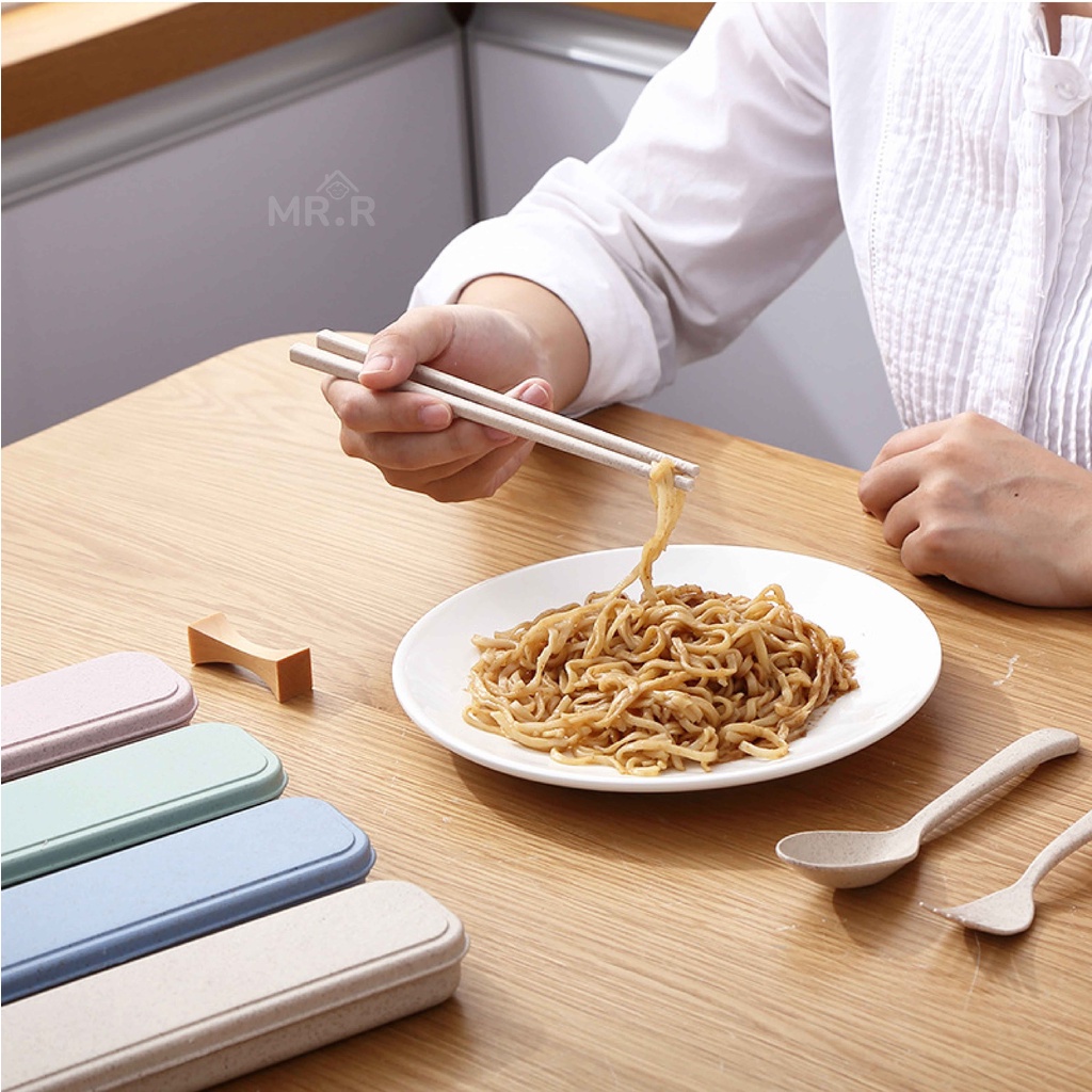 1 Set Alat Makan Sendok Garpu Sumpit + Box Plastik Jerami Wheat Straw Portable Travel Cutlery