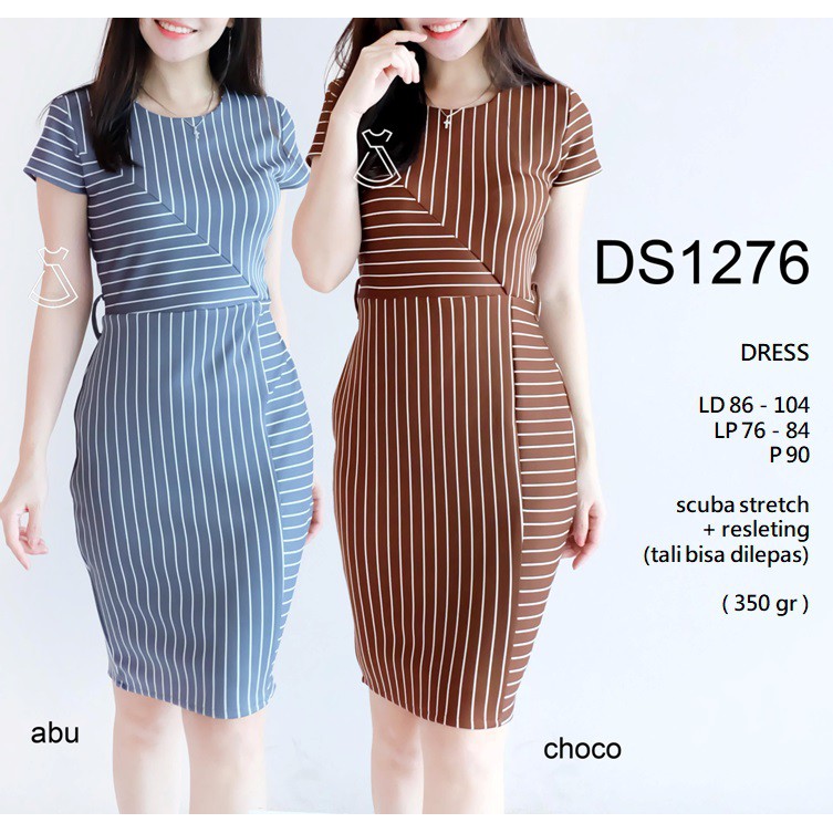 DS1276 - DRESS PESTA SALUR STRIPE SCUBA DRESS KANTOR WANITA MODERN MURAH