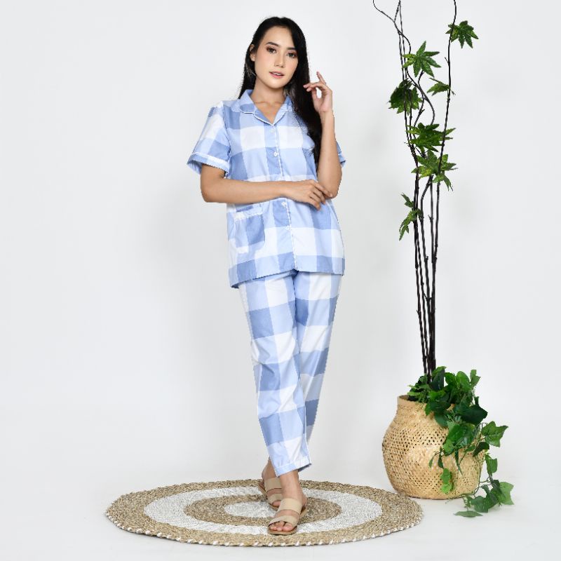 Baju Tidur Piyama Wanita Dewasa Motif Kotak Emily CP Lengan Pendek Celana Panjang Kekinian