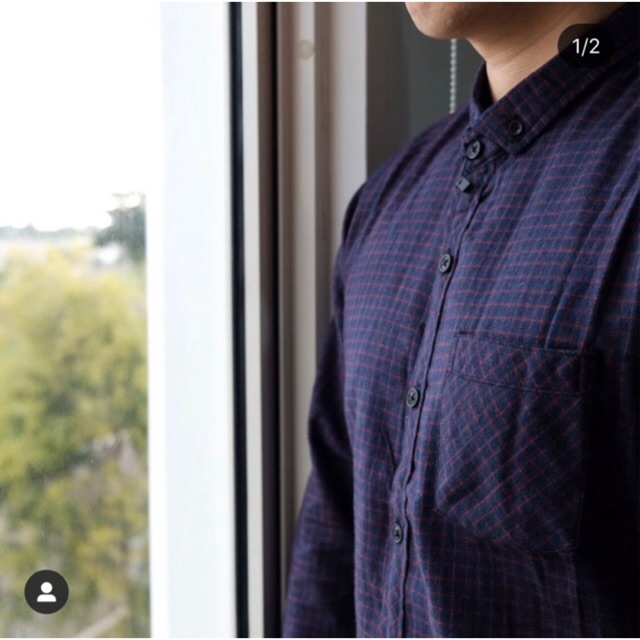 SIZE M - Kemeja lengan panjang navy red flanel long shirt hangat biru tua merah ungu purple