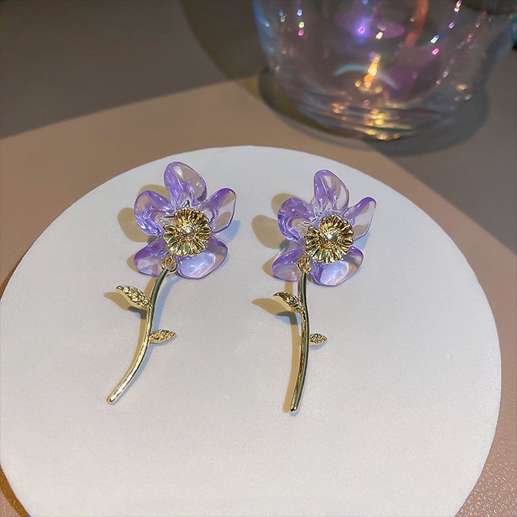 Anting daun bunga ungu gaya Korea yang elegan